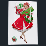 Sacola Para Presentes Média Vintage Lady Christmas Comprando presentes<br><div class="desc">O Natal como parecia na década de 1950 com esta trabalho de arte retrô de uma senhora vestida com um vestido de cheio em vermelho e verde.</div>
