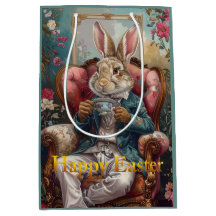 Vintage rabbit Drinking Tea Happy Easter