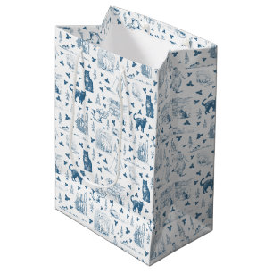 Sacola Para Presentes Média Vintage Retro Toile Patterno Cat Catnip White Blue