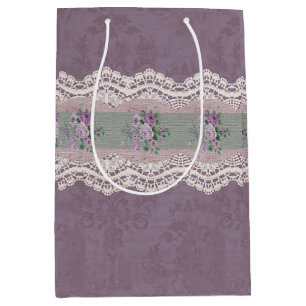 Sacola Para Presentes Média Vintage Smokey Mauve Damask Rosa Lace