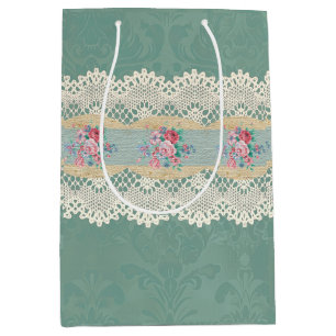 Sacola Para Presentes Média Vintage Smokey Pine Green Damask Rosa Lace