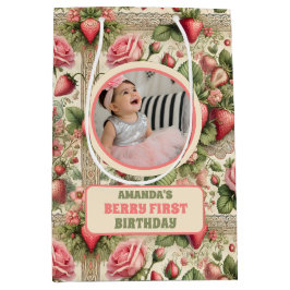 Sacola Para Presentes Média Vintage Strawberry primeiro aniversario Party Phot