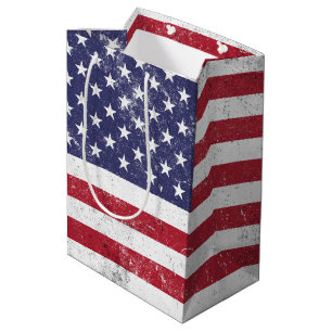 Sacola Para Presentes Média Vintage USA Flag Patriótico Americano Red White Bl