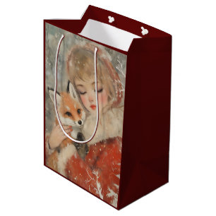 Sacola Para Presentes Média Vintage Victorian Girl & Fox Christmas Decoupage
