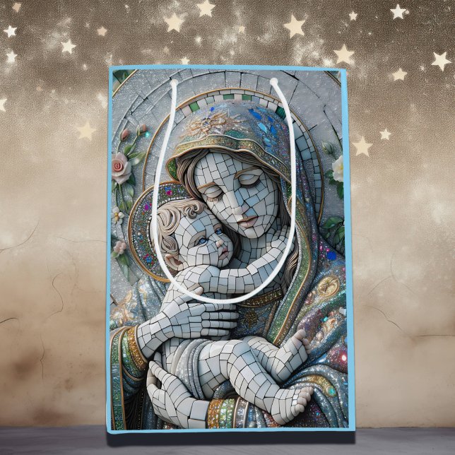 Sacola Para Presentes Média Virgem Maria e Jesus Bebê | Estátua do Mosaico (Criador carregado)