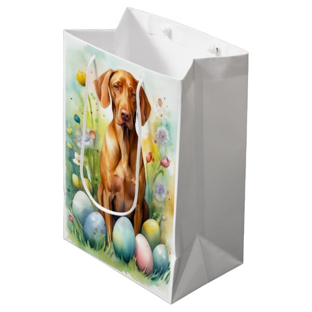 Sacola Para Presentes Média Vizsla Dog com Feriado de Ovos de Páscoa (Frente inclinada)
