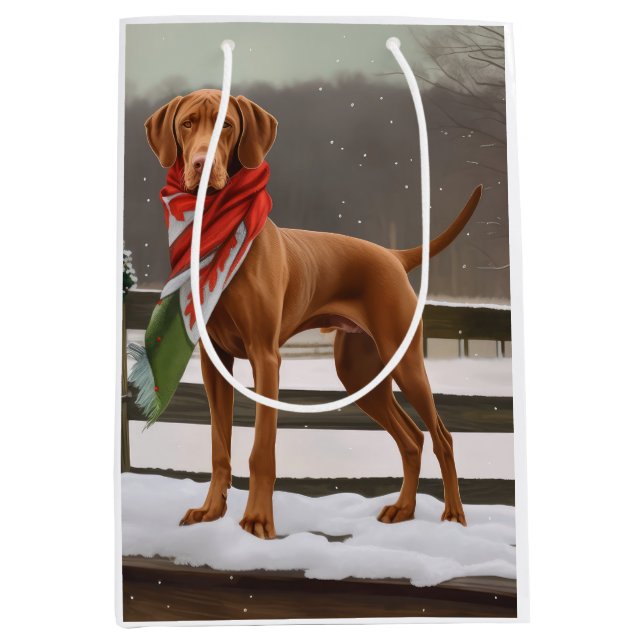 Sacola Para Presentes Média Vizsla Dog no Natal da Neve (Frente)