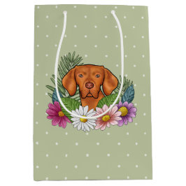 Sacola Para Presentes Média Vizsla Húngara E Flores De Verão Coloridas Verde