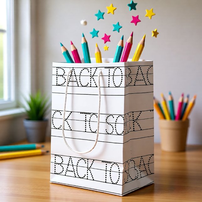 Sacola Para Presentes Média Voltar para a Escola Caderno Linhado Estilo Profes (Back to School Lined Notebook Style Teacher Medium Gift Bag)