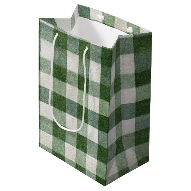Sacola Para Presentes Média Warm Cream Green Plaid Stripes Christmas (Frente inclinada)