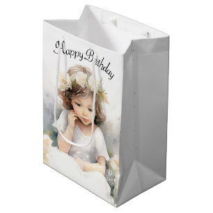 Sacola Para Presentes Média Watercolor Angel Birthday Girl