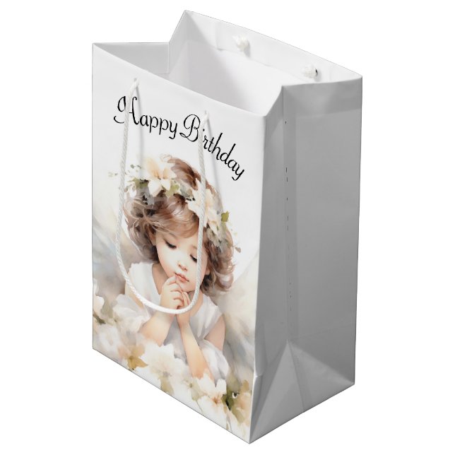 Sacola Para Presentes Média Watercolor Angel Birthday Girl (Frente inclinada)