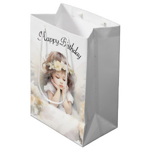 Sacola Para Presentes Média Watercolor Angel Birthday Girl