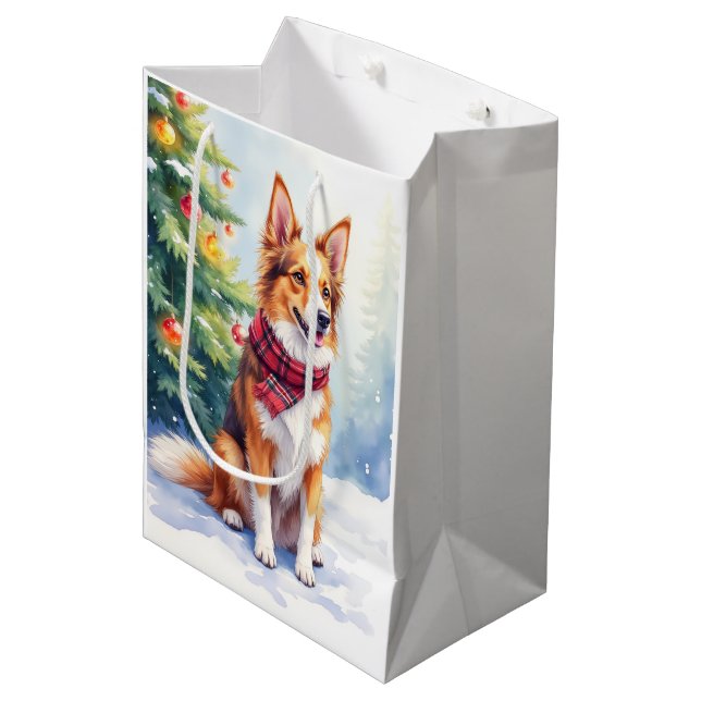 Sacola Para Presentes Média Watercolor Australian Shepherd Glowing Christmas (Frente inclinada)