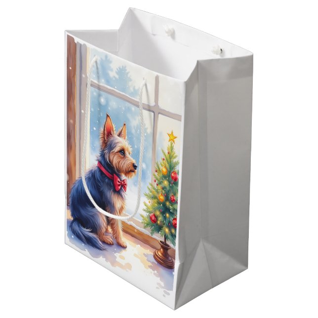 Sacola Para Presentes Média Watercolor Australian Terrier Tabletop Christmas (Frente inclinada)