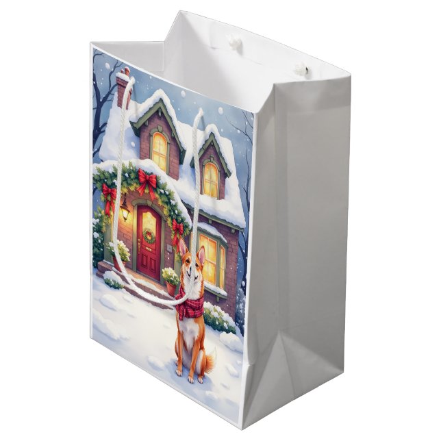 Sacola Para Presentes Média Watercolor Basenji Townhouse Christmas Holiday (Frente inclinada)
