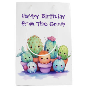 Sacola Para Presentes Média Watercolor Birthday Cactos Do Grupo