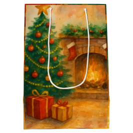 Sacola Para Presentes Média Watercolor Christmas Tree & Cozy Fireplace Holiday