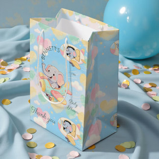 Sacola Para Presentes Média Watercolor Elephant Airplane Baby Shower Gift Bag