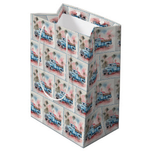 Sacola Para Presentes Média Watercolor Flamingo Em Caminhão Azul Retro