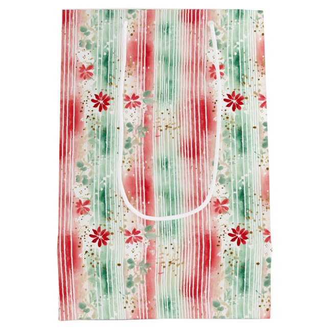 Sacola Para Presentes Média Watercolor Floral Striped Holiday (Verso)