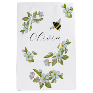 Sacola Para Presentes Média Watercolor garden tree flowers and bumblebee. 