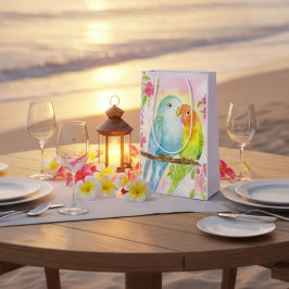 Sacola Para Presentes Média Watercolor Love Birds with Pink Flowers