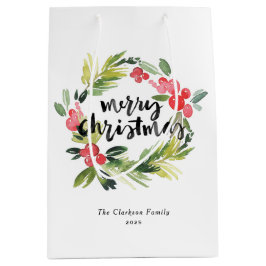 Sacola Para Presentes Média Watercolor Pine e Holly Wreath Feliz Natal