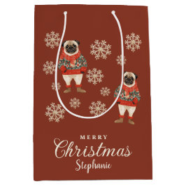 Sacola Para Presentes Média Watercolor Snowflakes Terracotta Pug Dog Natal