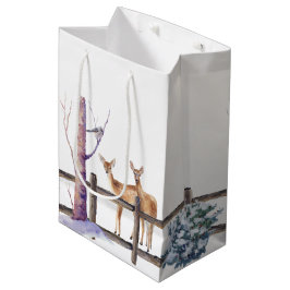 Sacola Para Presentes Média Watercolor Winter Wildlife Birds Scense