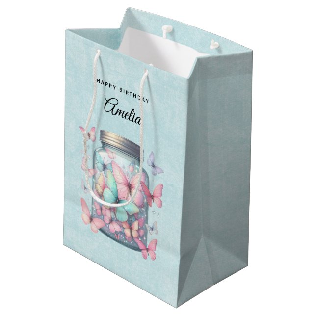 Sacola Para Presentes Média Whimsical Butterflies in a Jar Birthday (Verso inclinado)