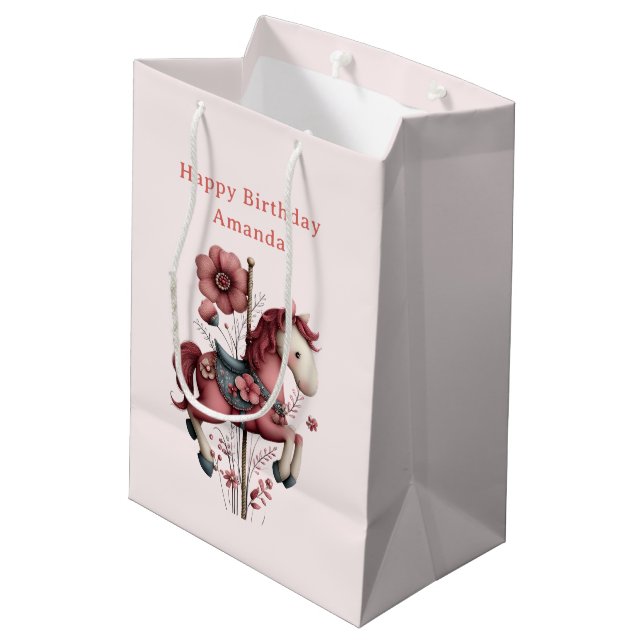 Sacola Para Presentes Média Whimsical Carousel Horse Image Birthday (Verso inclinado)