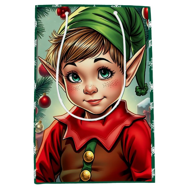 Sacola Para Presentes Média Whimsical Cartoon Elf | Christmas (Frente)