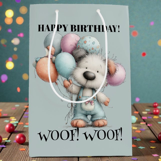 Sacola Para Presentes Média Whimsical Dog Watercolor Birthday (Criador carregado)