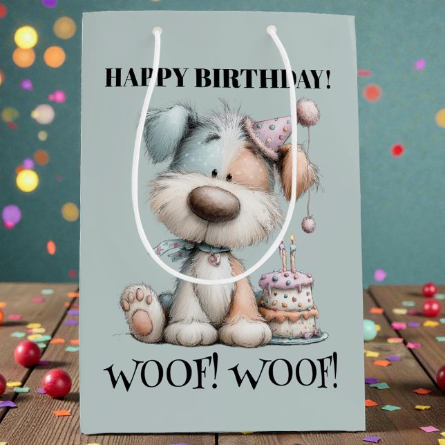 Sacola Para Presentes Média Whimsical Dog Watercolor Birthday (Criador carregado)