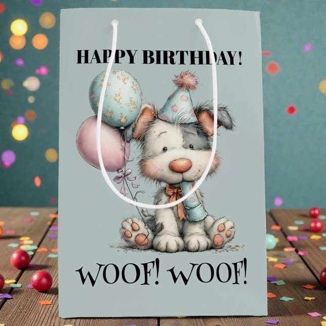 Sacola Para Presentes Média Whimsical Dog Watercolor Birthday (Criador carregado)