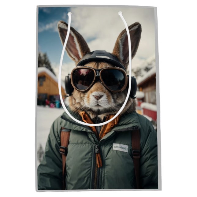 Sacola Para Presentes Média Whimsical Snowboard Bunny (Frente)
