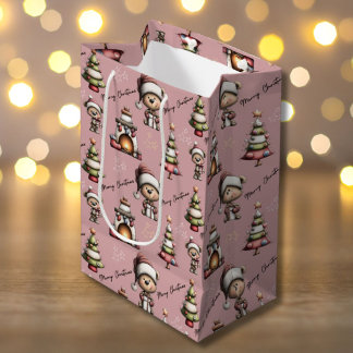 Sacola Para Presentes Média Whimsical Teddy Bear Christmas Pink Background