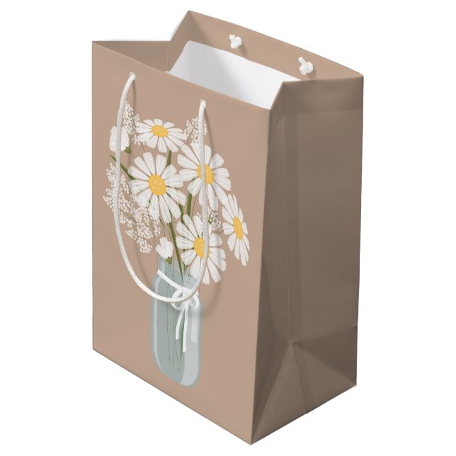 Sacola Para Presentes Média White Daisies Mason Jar em Beige (Verso inclinado)