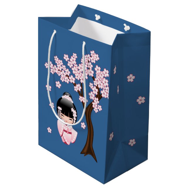 Sacola Para Presentes Média White Kimono Kokeshi Doll Cute Geisha Girl Blue (Verso inclinado)