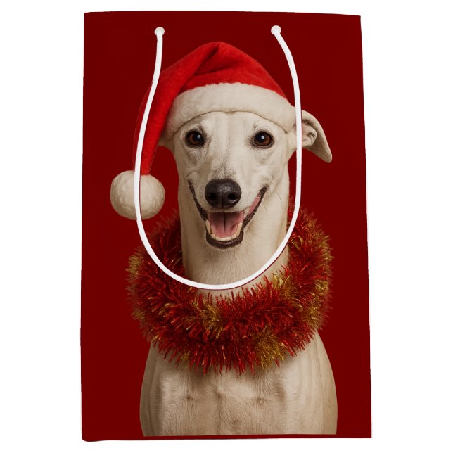 Sacola Para Presentes Média White whippet in Santa hat Christmas  (Frente)