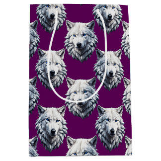 Sacola Para Presentes Média White Wolf Head Pattern Design Purple 
