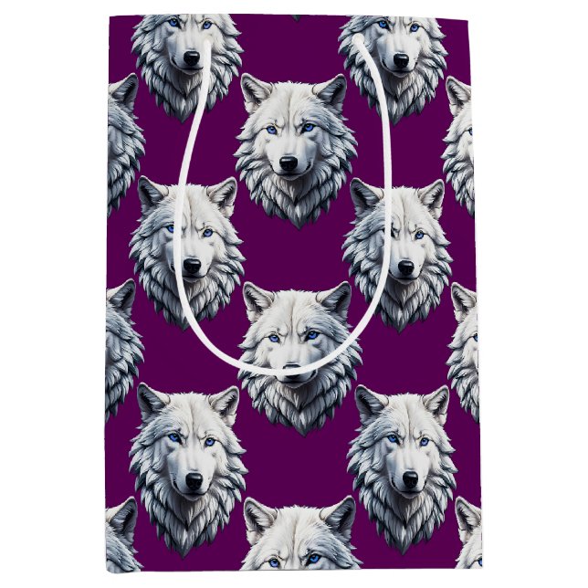 Sacola Para Presentes Média White Wolf Head Pattern Design Purple  (Frente)
