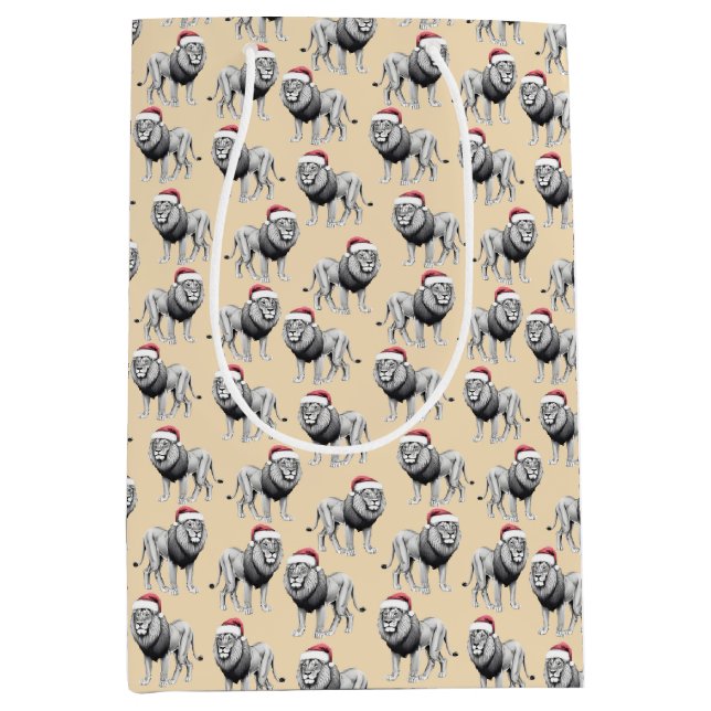 Sacola Para Presentes Média Wildlife Safari Animal Lion Santa Hat Natal (Frente)