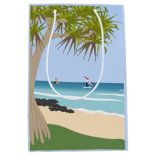 Sacola Para Presentes Média Wing Foil Surfers Pandanus Tree na Praia