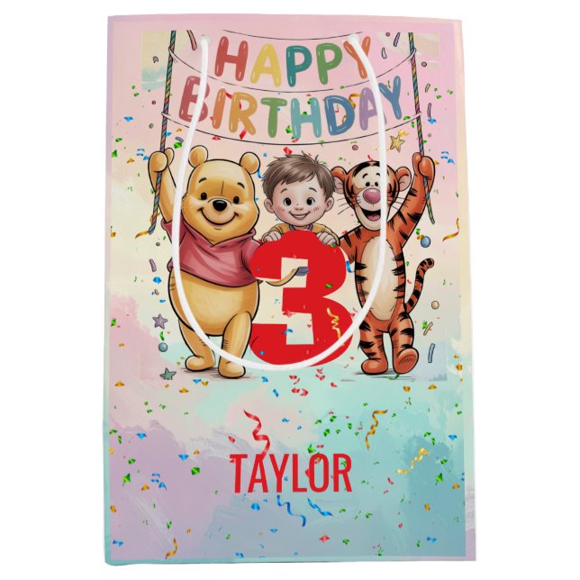 Sacola Para Presentes Média Winnie the Pooh | Happy Birthday (Frente)