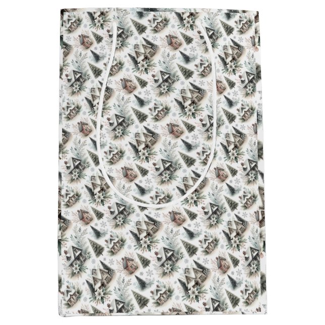 Sacola Para Presentes Média Winter Cottage Snowfall Pattern (Frente)