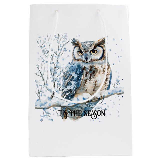 Sacola Para Presentes Média Winter Snowflakes Blue Owl Christmas Snow (Frente)