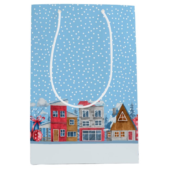 Sacola Para Presentes Média Winter Wonderland Snowfall Cabine Gift Bag (Frente)