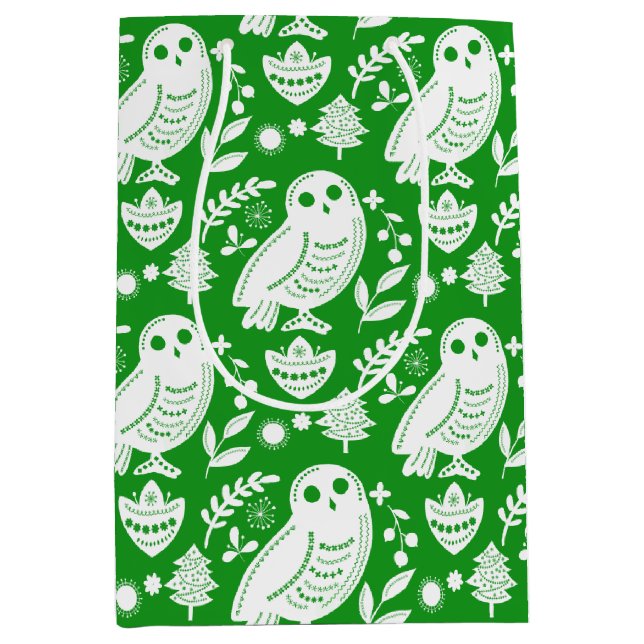 Sacola Para Presentes Média Wise Owl Folk Art Green Holiday (Frente)